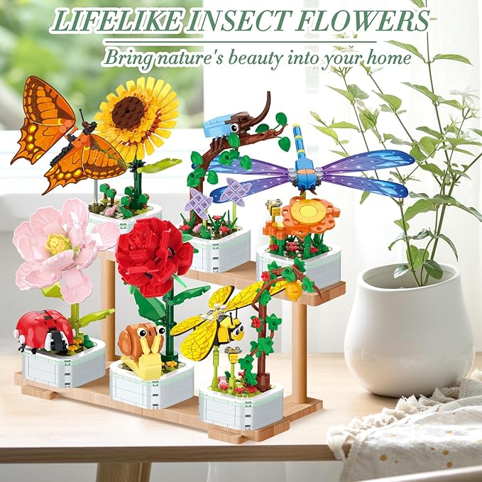 Flowers and Plant Building Set with Insects, (1214PCS) 6 Flowers Botanical Bonsai Building Set for Adults, Kids, Idea Gifts for Mother's Day, Birthdays, Creative Building Block Toys Decor for Home