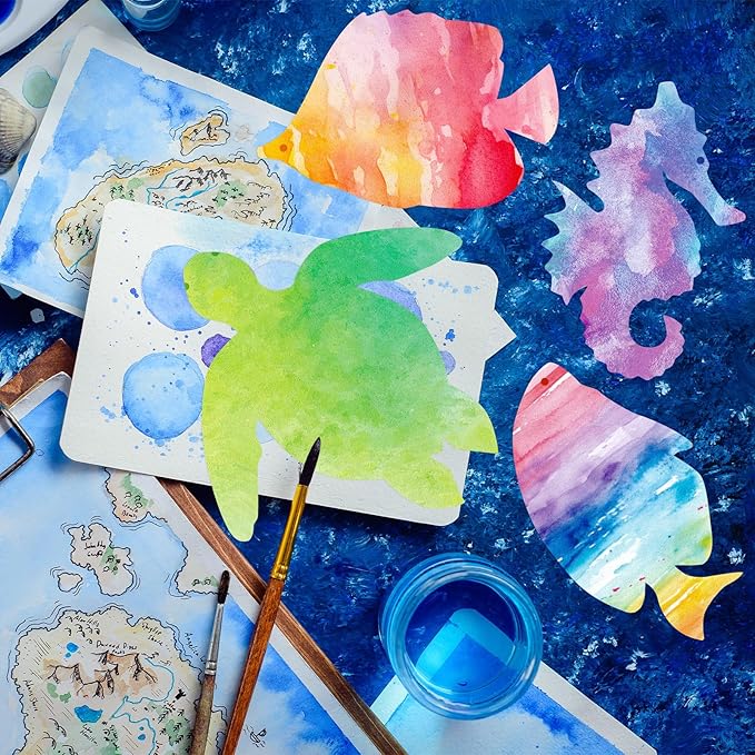 Motipuns 96 Pcs Color Diffusing Paper Sealife 6 Inches Watercolor Sealife Shapes Color Diffusing Paper DIY Sea Turtle Seahorse Fish Coloring Paper Crafts, 4 Styles