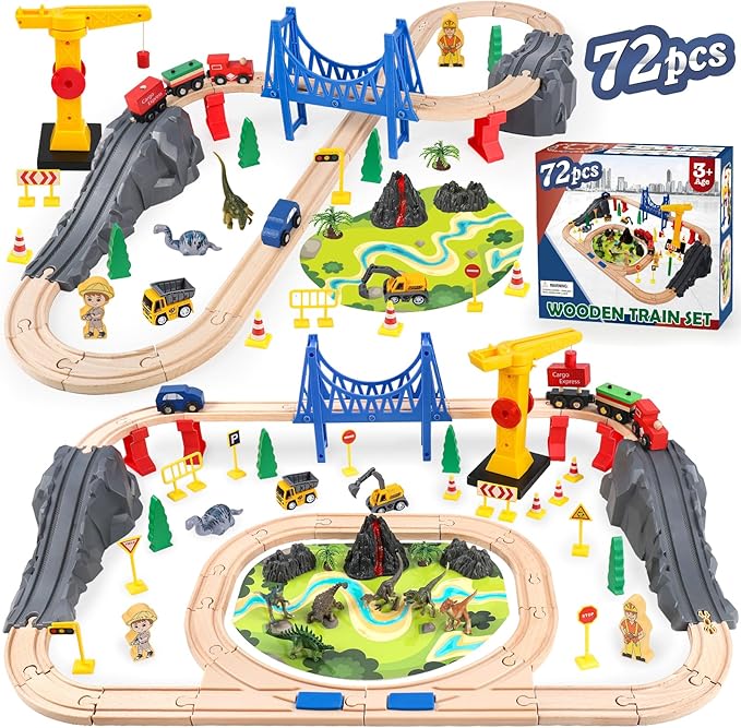 Wooden Train Set for Toddlers & Kids, 72Pcs Wooden Train Track with Crane, Expandable Toys Train Set for 3 4 5 6 7 Years Old Boys & Girls Christmas Birthday Gifts - Fits All Major Brands Railway Set