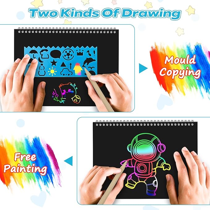 Smasiagon Scratch Paper Art-Crafts Kits for Kids, 2 Pack Scratch Off Notebooks Magic DIY Art Supplies Toys for 3-12 Years Old Girls Boys, Gifts for Birthday Halloween Christmas Party Favors Games