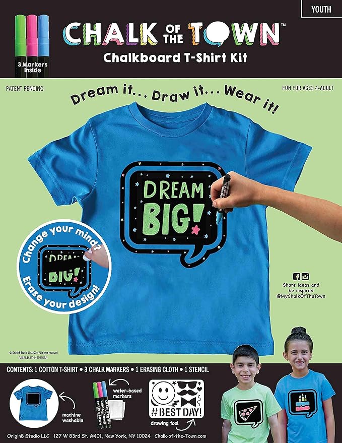 Blue Speech Bubble Chalkboard Short Sleeve T-Shirt Kit for Kids with 3 Markers and 1 Stencil, (Youth Large)