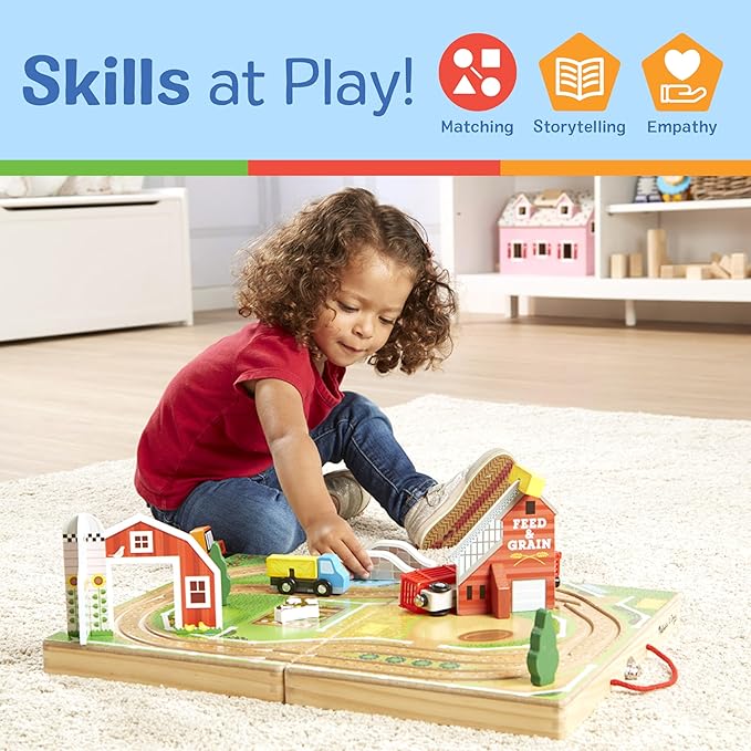 Melissa & Doug 17-Piece Wooden Take-Along Tabletop Farm, 4 Farm Vehicles, Play Pieces, Barn, Grain House Take-Along Pretend Play Toy Barn Toys For Toddlers Ages 1+