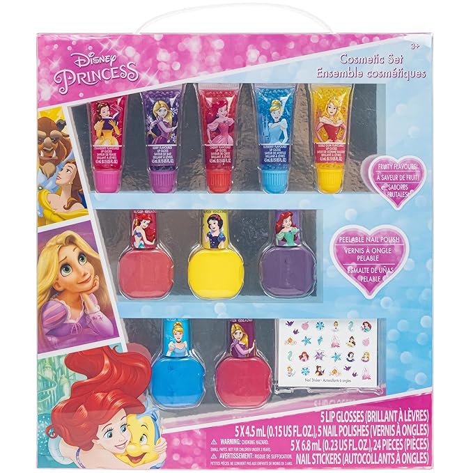 Disney Princess Sparkly Cosmetic Makeup Set for Girls with Lip Gloss Nail Polish Nail Stickers - 11 Pcs|Perfect for Parties Sleepovers Makeovers Birthday Gift for Girls 3+