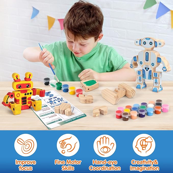 Mocoosy 4 Wooden Robot Toys for Kids Ages 3-5, Building & Painting Your Own Robot Craft Kit with Paints and Stickers, Wood Robot Painting Art Supplies Educational Gift for 6 8 10 12 Years Old