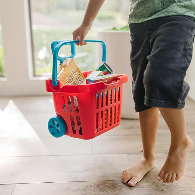 Melissa & Doug Fill and Roll Grocery Basket Play Set With Play Food Boxes and Cans (11 pcs), Frustration-Free Packaging)