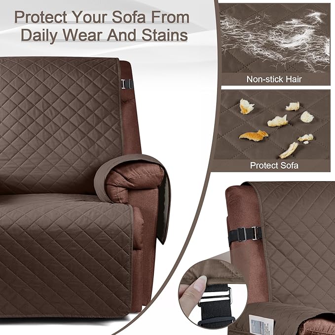 KinCam 100% Waterproof Recliner Chair Cover, Reclining Couch Covers for Pets, Dogs, Recliner Couch Slipcover Furniture Protector with Elastic Straps for Kids(28", Brown)