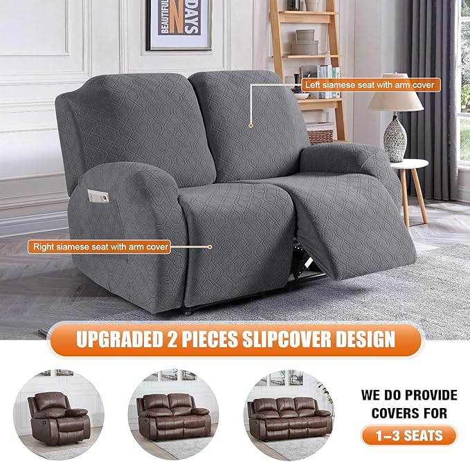 VANSOFY Oversized Recliner Cover, 2-Pieces Stretch Reclining Couch Cover with Pockets Loveseat Sofa Slipcovers Soft Washable Furniture Protector for Dogs Cats(Dark Gray)