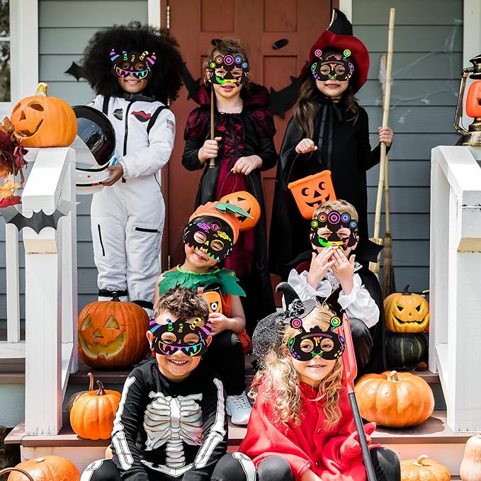 WATINC 28pcs Monster Scratch Mask Gift Set for Kids, Halloween Party DIY Magic Scratch Paper Monster Masks, Xmas Party Favors Craft Kit School Classroom Activity Art Project