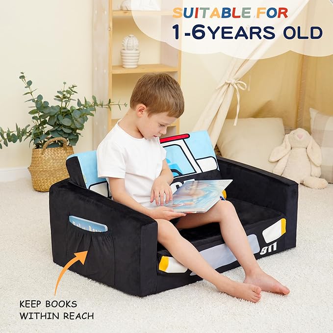 MallBest Kids Sofas, Extra Wide Toddler Couch Bed - 2 in 1 Baby Convertible Foam Chair to Lounger,Toddler Couch for Boys and Girls,Black/Police Car