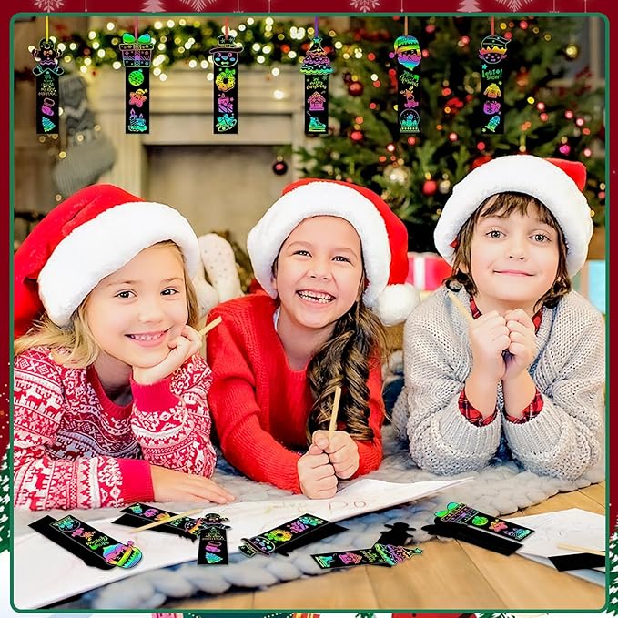JUNEBRUSHS 30Pcs Christmas Scratch Bookmarks, Rainbow Magic Scratch Paper Art Christmas Tree Santa DIY Crafts Kit for Xmas Hanging Ornaments Christmas Party Favors Gifts