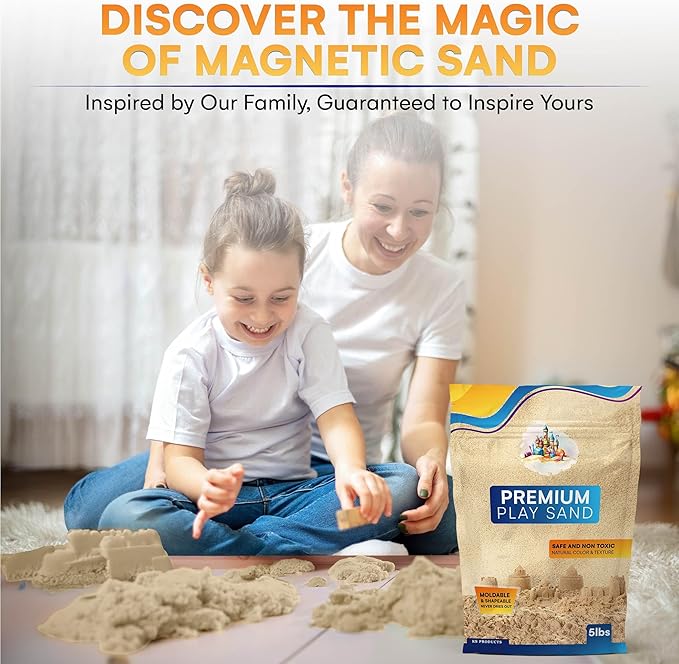 Natural 5 lbs Moldable Sand Refill Pack - Self-Sticking Magnetic Sand for Kids Sand Box Toys - Indoor Play Sand Bulk for Sensory Play Bin, and Sandbox - 5 Pounds Premium Play Sand with Resealable Bag