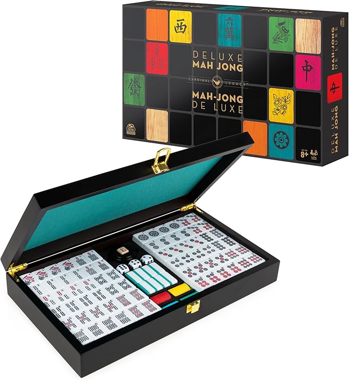 Spin Master Games Legacy Deluxe Mah Jong Classic Game with Two-Toned Tiles and Lined Wood Storage Case, Family Game for 4 Players Ages 8 and up