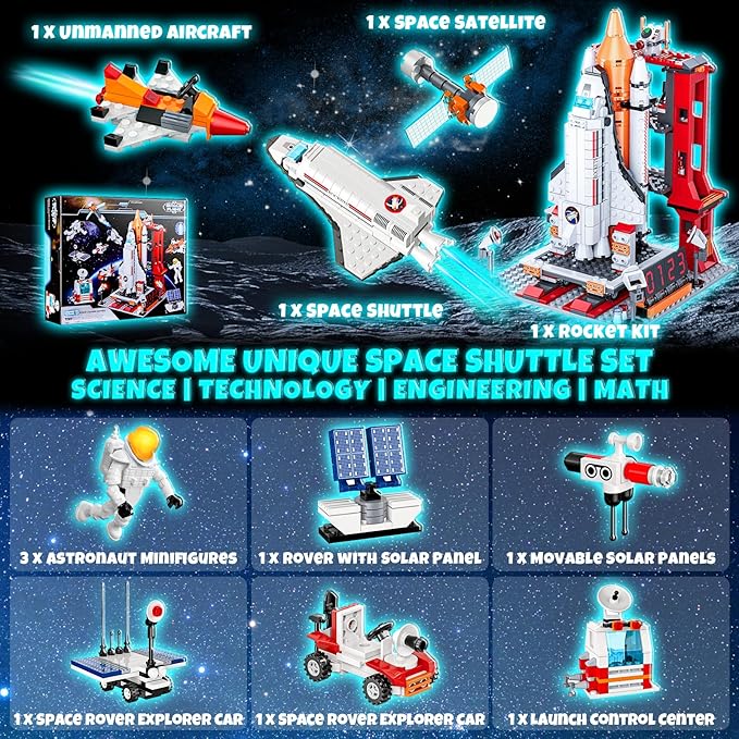 Space Exploration Shuttle Toys for 6 7 8 9 10 11 12 Year Old Kids, Girls, Boys, 12-in-1 STEM Projects Rocket Building Toy Kit with 3 Astronauts, Airplane Rocket Set, Gift idea for Ages 6 +, 885 Pcs