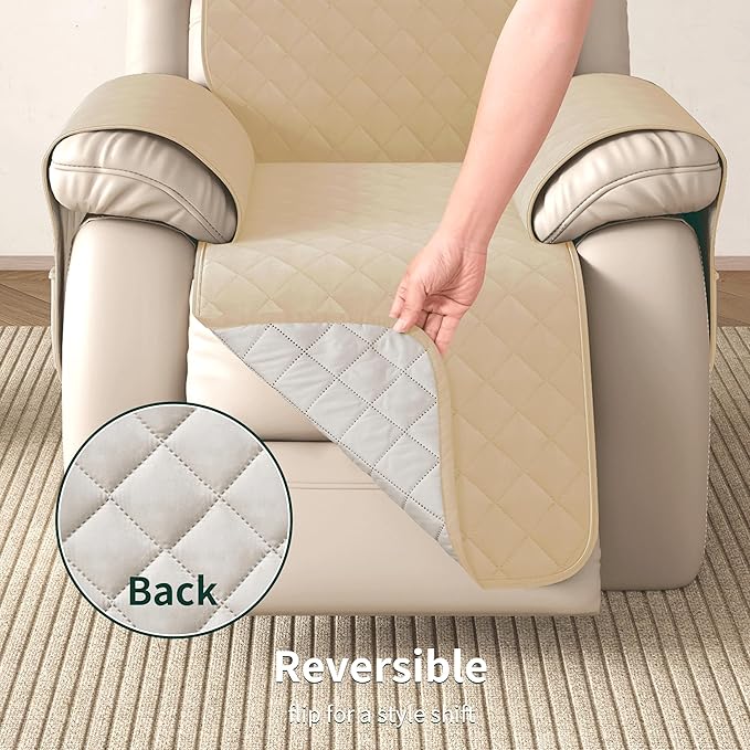 CHUN YI Recliner Chair Cover, Non-Slip Recliner Covers That Stay in Place, Washable Lazy Boy Recliner Covers with Pockets, Water Resistant Recliner Slipcover for Pets (Sand, Small Recliner)