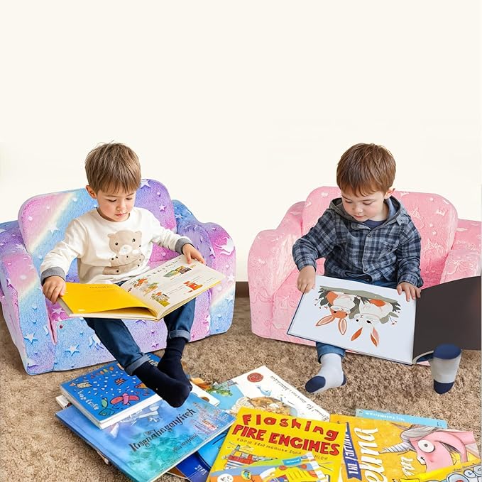 MeMoreCool Kids Fold-Out Couch, Convertible Glowing Rainbow Unicorn Flip Sofa Chair for Playroom, Toddler Lounger for Girls and Boys