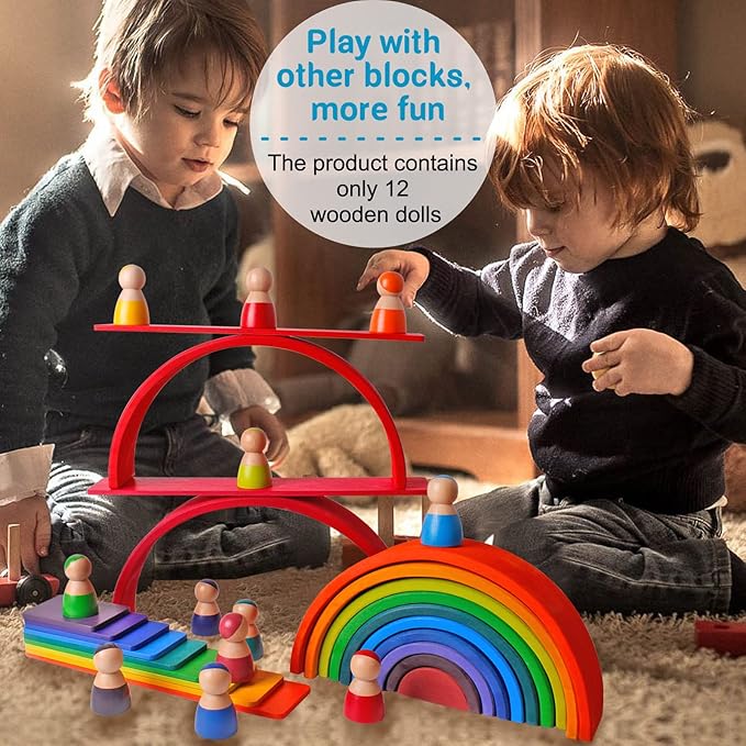 SHIERDU 12 PCS Rainbow Wood Peg Dolls Wooden Pretend Play People Figures for Toddlers Preschool Learning Educational Toys Wooden Toddler Toys for Boys Girls