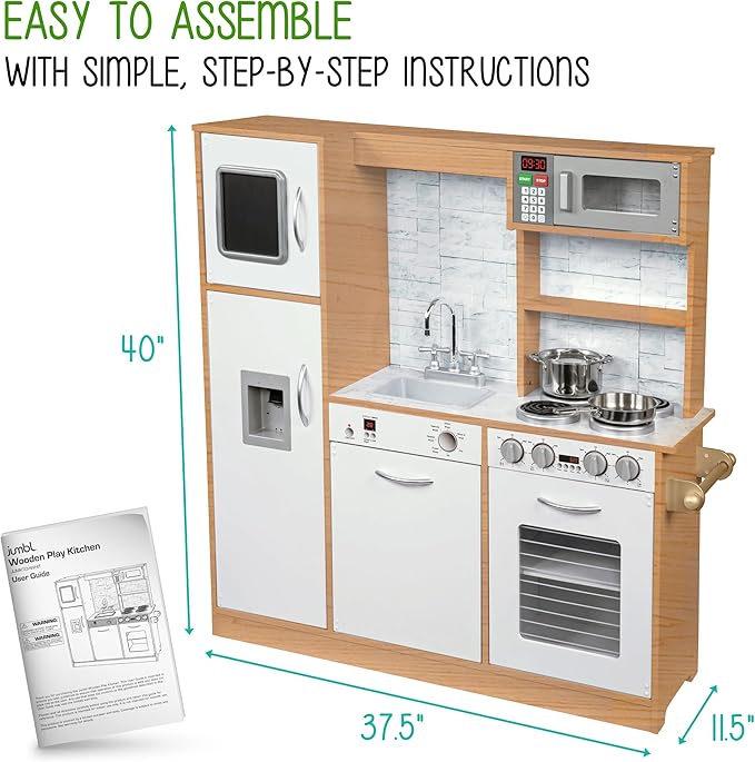 Lil' Jumbl Kids Kitchen Set, Pretend Wooden Play Kitchen, Battery Operated Icemaker & Microwave with Realistic Sound, Pots & Pan Included - Natural