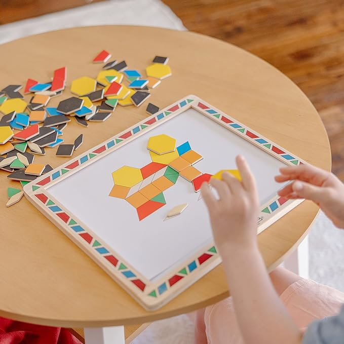 Melissa & Doug Deluxe Wooden Magnetic Pattern Blocks Set - Educational Toy With 120 Magnets and Carrying Case, Multi-color, 1 EA