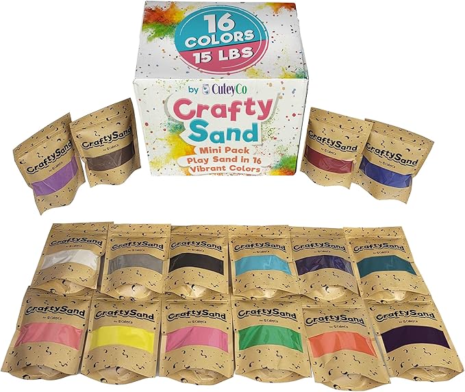 CuteyCo CraftySand’s Big Pack: 16 lbs & 16 Colors for Kids’ Play Sand, Sand Art