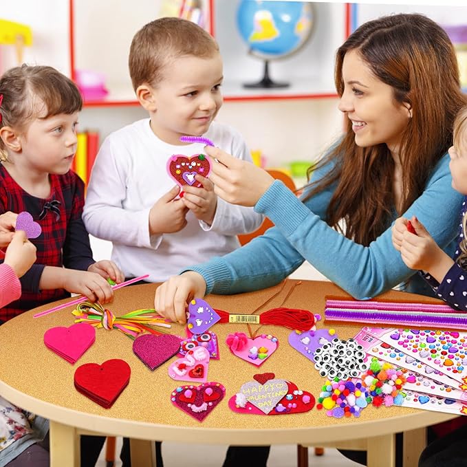 Valentines Day Crafts for Kids, 361PCS Valentines Heart DIY Crafts Felt for Class Game Activities, 108 Felt Hearts, 36 Wooden Beads, 60 Pom Poms, 50 Googly Eyes, Valentines Party Favor Crafts