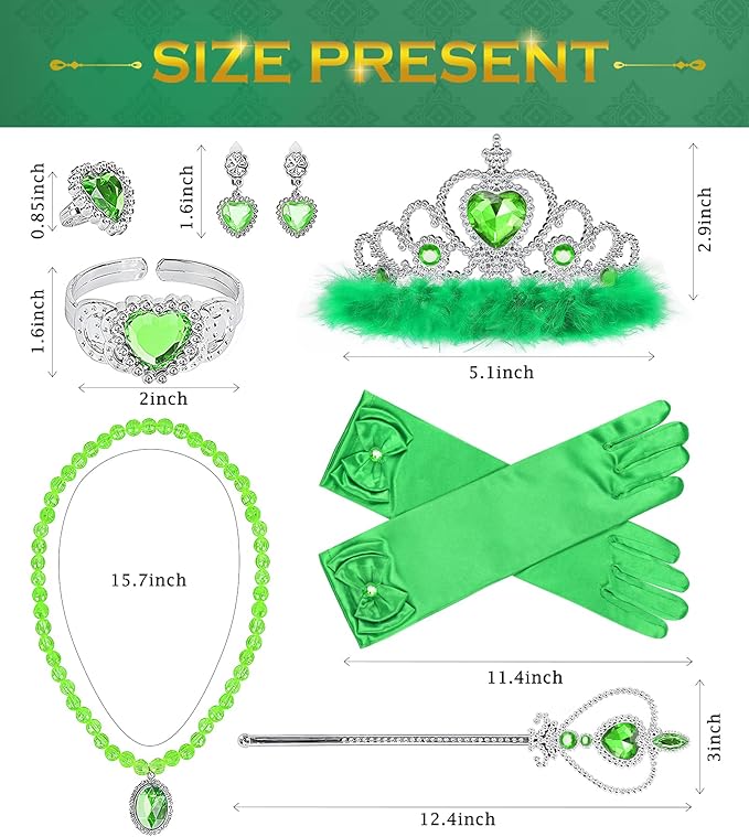 Princess Dress Up Accessories Princess Gloves, 7pcs Dress Up Set for Toddler Girls (Green, 7PCS)