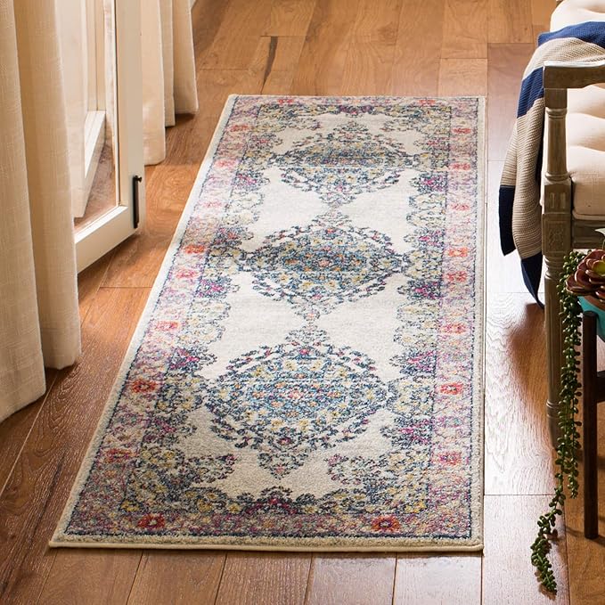 SAFAVIEH Evoke Collection 2'2" x 7' Cream / Fuchsia EVK250A Non-Shedding Living Room Entryway Foyer Hallway Bedroom Runner Rug