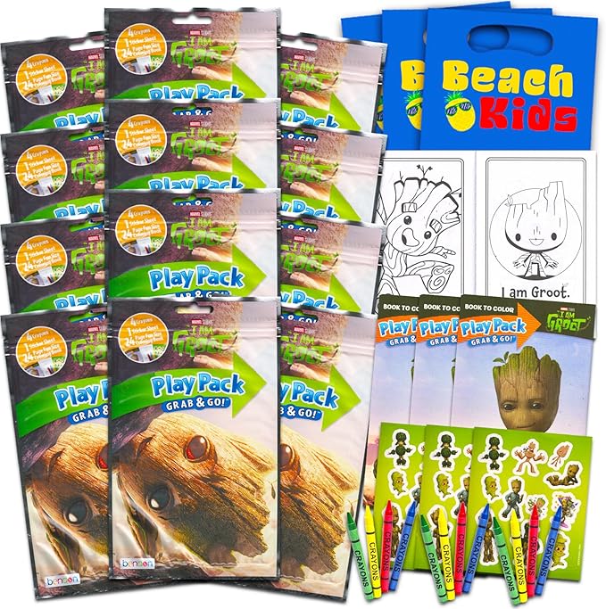 Marvel I am Groot Party Favors And Supplies ~ Bundle with 12 Groot Play Packs for Boys and Girls with Mini Coloring Book, Stickers, Loot Bags, More (Guardians of the Galaxy Art Book)