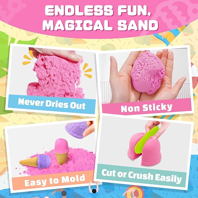 Play Sand Kit - Ice Cream Sensory Bin Toy for Kids with 2.2lb Magic Sands, Ice Cream Molds and Cleaning Tools, Unicorn Tactile Toys for Kids 3-8