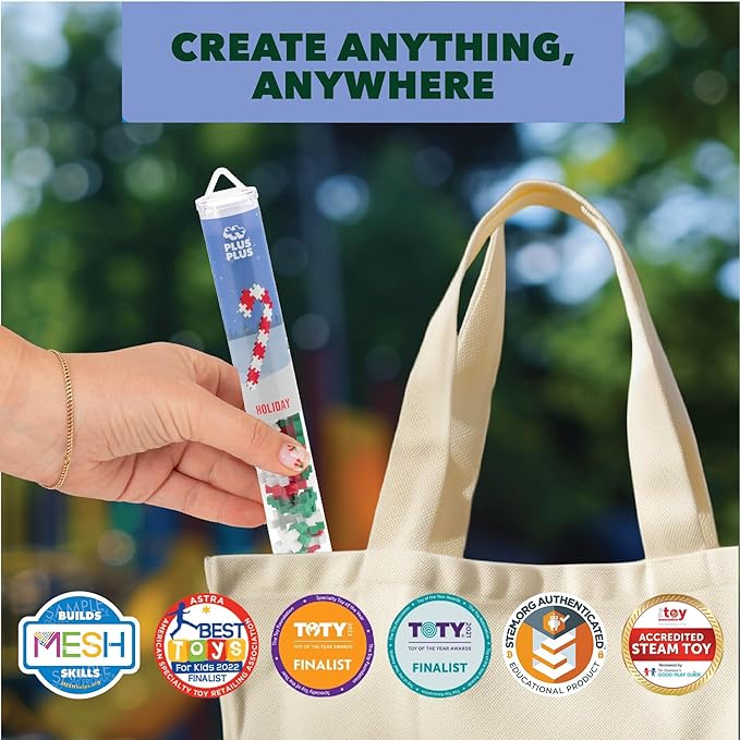 PLUS PLUS 3D Puzzle Building Block Set, 70 Mini Interlocking Pieces, Fun Holiday Activities for Kids - Holiday Mix Mini Maker Tube