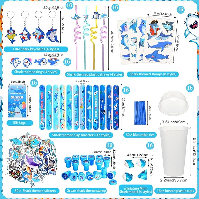 Qilery 195 Pcs Mermaid Party Unicorn Party Dinosaur Party Shark Party Favors Includes Plastic Cup with Lid Straw Keychain Bracelet Ring Stamper Stickers Tag For Party Favors Piñata Filling (Shark)