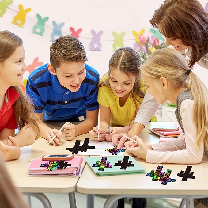 WATINC 60pcs Cross Scratch Cards, Resurrection Cross Magic Scratch Paper DIY Art Ornaments, Color Crafts Kit for Kids, Christian Religious Easter Sunday School Classroom Supplies Decorations