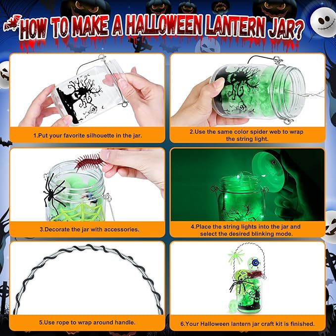 SpringFlower Halloween Craft for Kids, Halloween Mason Jar with Accessories,Halloween Art Activities Party Favors Supplies, Halloween DIY Lantern Jar,4 Pack