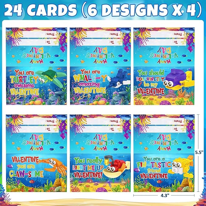 Valentines Day Gifts for Kids, 24 Pack Valentines Day Cards for Kids Classroom School with Sea Animal Building Block Set, Kids Party Favors Goodie Bags Bulk Classmate Boys Girls Exchange Gifts