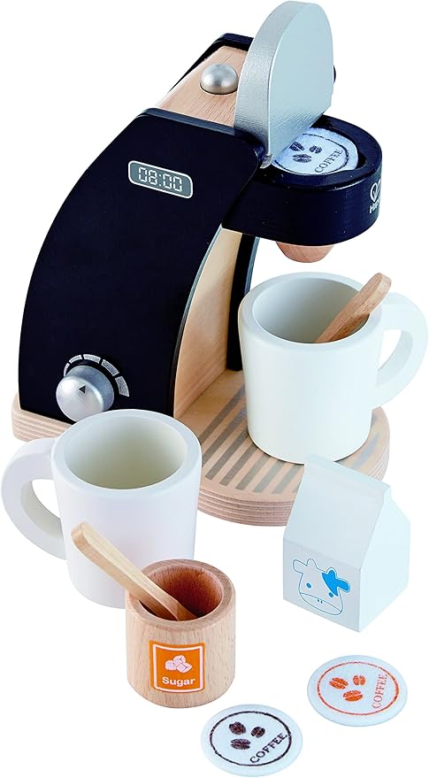 Hape Wooden Black Coffee Maker Kitchen Set with Accessories| Pretend Play Toy Set for Kids Ages 3 Years and Up