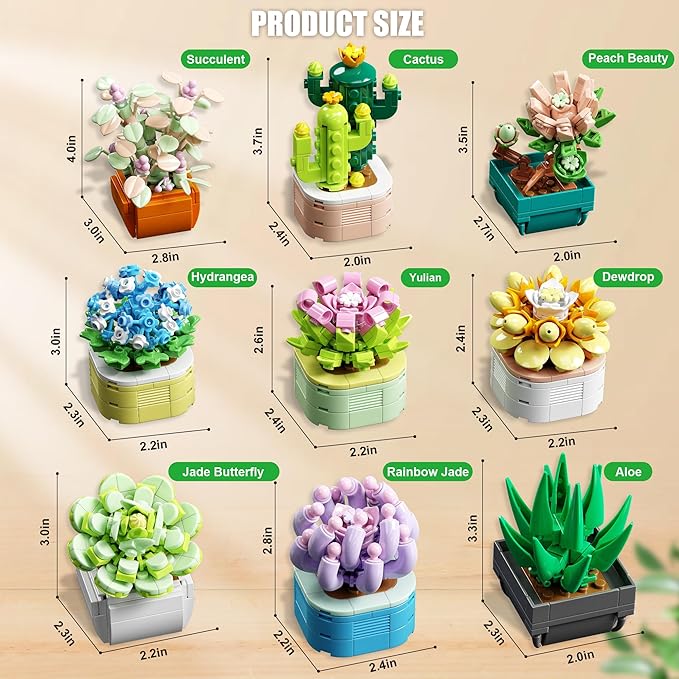 TYCOLE Tiny Flowers Succulents Artificial Plant Set-Creative Botanical Building Block 9 in 1 Toy, Botanical Collection for Office&Home Decor,Christmas Birthday Gift for Adults and Kids 8-12(832 PCS)