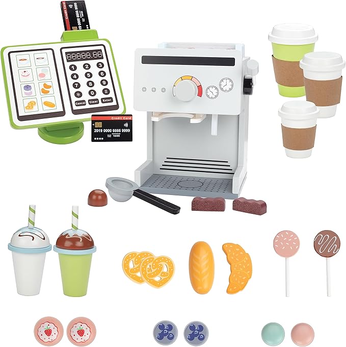Pretend Coffee Shop Wooden Playset- Drive Thru Window Fun- Includes Frappuccino w Straws Espresso Maker Bread Pastries Rotating Cash Register, Coffee Cups, Apron- 25+ Cute Play Pieces! Kids Gift