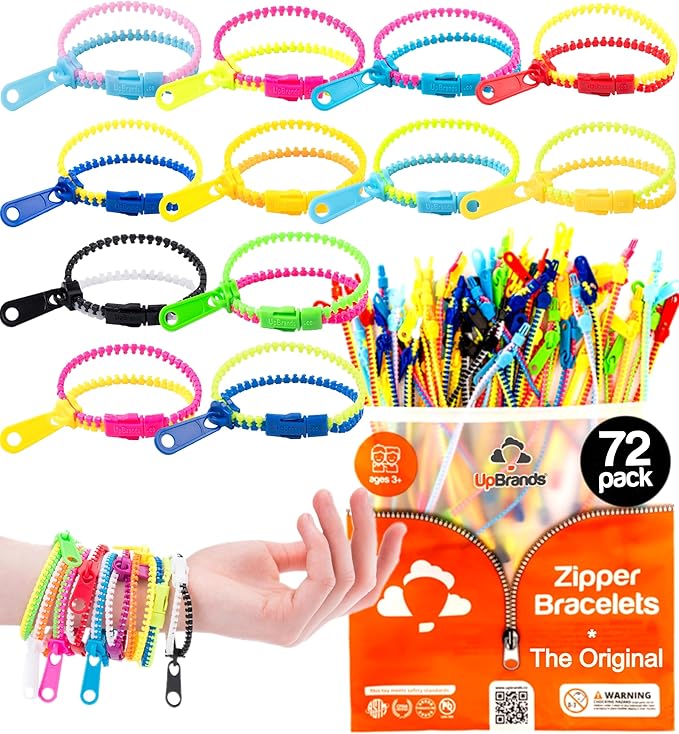 UpBrands 72 Classroom Rewards, Party Favors for Kids, Friendship Zipper Bracelets 7.5” Sensory Bulk Set, Fidget Toys, Easter Basket Stuffers, Kit for Valentine, Birthday, Goodie Bag Easter Egg Fillers
