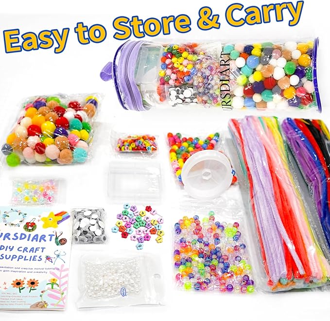 URSDIART 1000+Pcs Art and Craft Supplies, Colored Beads and Pipe Cleaners Crafts, Art Supplies DIY Craft Kit Beads for Bracelets Making Jewelry Necklace, Gift for Girls and School Supplies