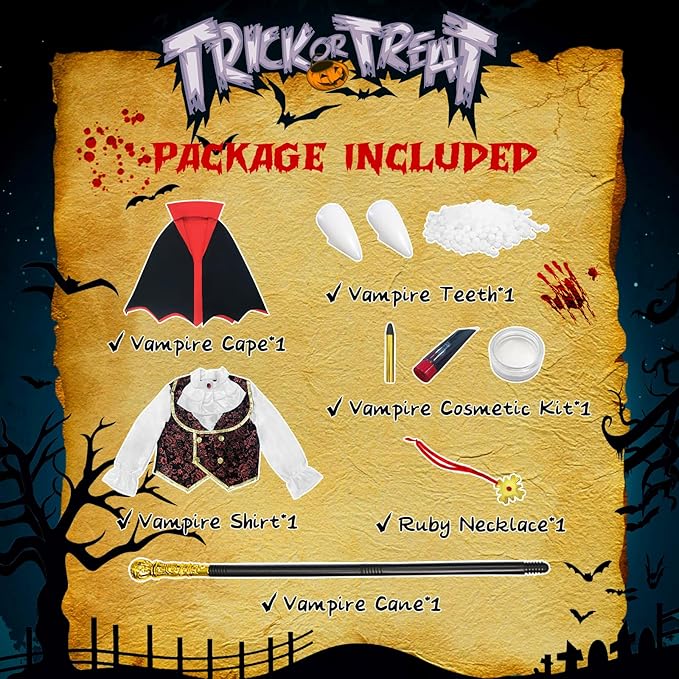 Vampire Costume for Boys Scary Halloween Party, Vampire Teeth Vampire Cane and Cosmetic Kit Included