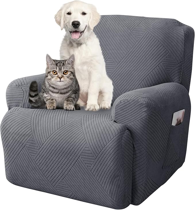 Jin Le Newest Recliner Chair Covers 4 Pieces Lazy Boy Recliner Covers for Recliner Chair Jacquard Reclining Chair Cover Stay in Place with 2 Pockets-Dark Gray