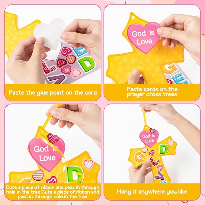 Haooryx Valentine's DIY Craft Kit - 28 Pack Valentine’s Day God is Love Cross Craft Kit Make Your Own Thankful Cross Hanging Ornament Religious Sunday School Church Christian Party Fun Activities