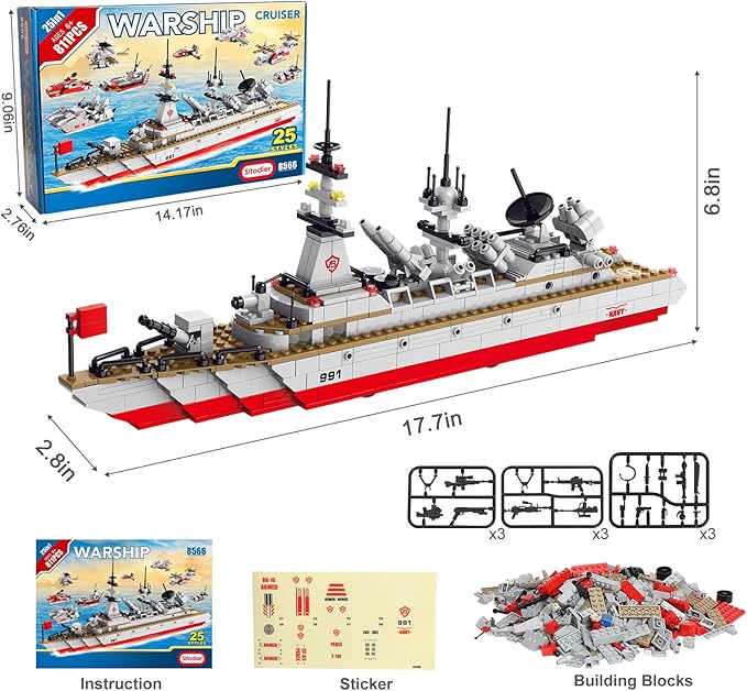 Sitodier STEM Building Set Toy | 811pcs Construction 25 in 1 Cruiser Ocean Ship Building Toy for 6 Years Up Boys | 25 Models Engineering Building Bricks Kit for Kids Ages 6 7 8 9 10 11 12 Years Old
