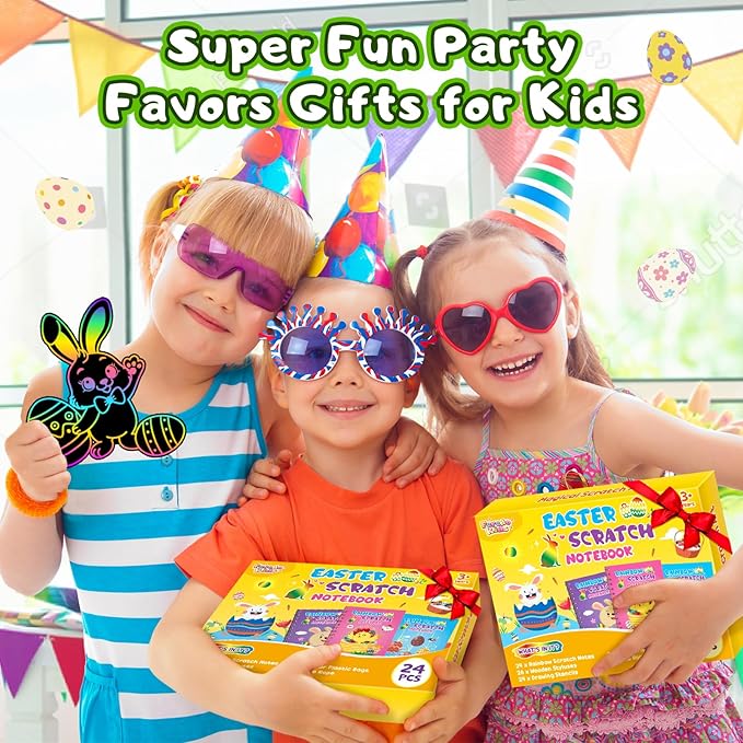 Easter Crafts for Kids Party Favors: 24 Pack Easter Rainbow Scratch Art Notebook Bulk Easter Basket Stuffers for Kids Activities Girls Boys Easter Crafts Gifts for Classroom Prizes Gifts