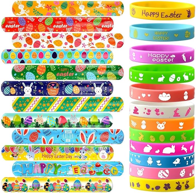 48Pcs Easter Party Favors Silicone Bracelets Slap Bracelets Assorted for Kids Girls Boys Toddlers Easter Egg School Classroom Exchange Prizes Gifts