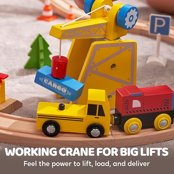 60PCS Wooden Train Set - Construction Express, Engineering Railway with Magnetic Crane, Trains & Accessories, Perfect Christmas Birthday Party Toy Gift for Kids Toddlers Boys Girls Ages 2-8