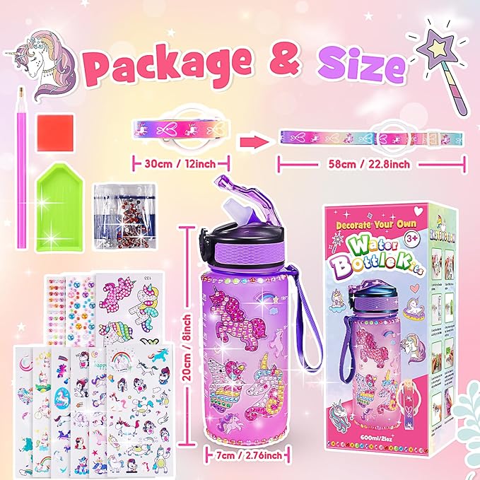 ZapWhiz Unicorn Toys for Girls Age 4-6, Decorate Your Own Water Bottle Kits for Girls,Diamond Painting Kits for Kids with Unicorn Stickers Craft Kits for Girls Gifts for 4-12 Year Old