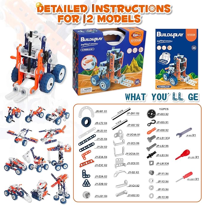 Building Toys for Boys Age 8-12, Boys Toys Age 6-8, Erector Set for Boys 6-8, 152PCS DIY 12 in 1 STEM Toys for 7 8 9 Year Old Boy, Engineering Building Toys for 10 11 12 Year Old