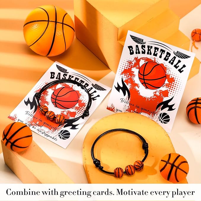 Yinkin 36 Pcs Basketball Gifts for Girls Team Boys Basketball Bracelet Valentines Jewelry Gifts Basketball Party Favors Charms Sports Fan Bracelet with Motivational Card Gift Bulk