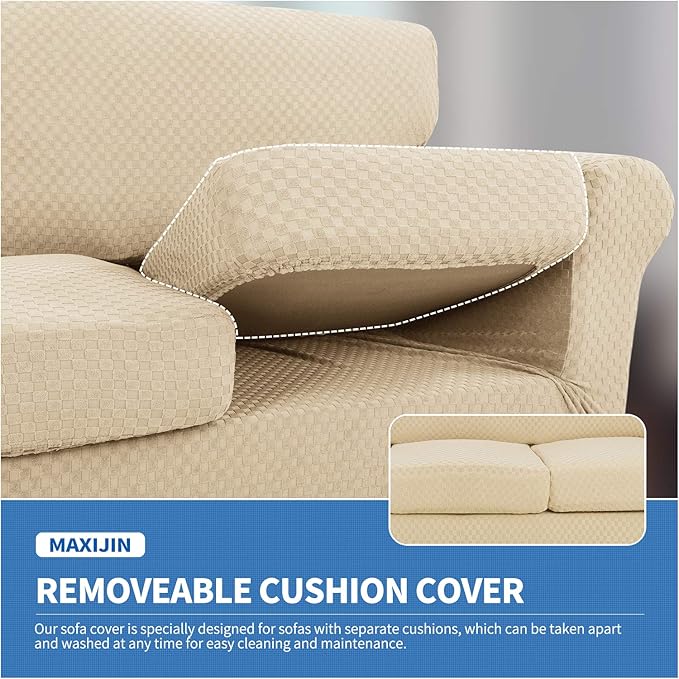 MAXIJIN 3 Piece Stretch Couch Covers for 2 Cushion Couch Sofa Slipcovers with 2 Extra Large Seat Cushion Couch Jacquard Loveseat Sofa Couch Cover for Dogs (2 Cushion Sofa, Light Beige)