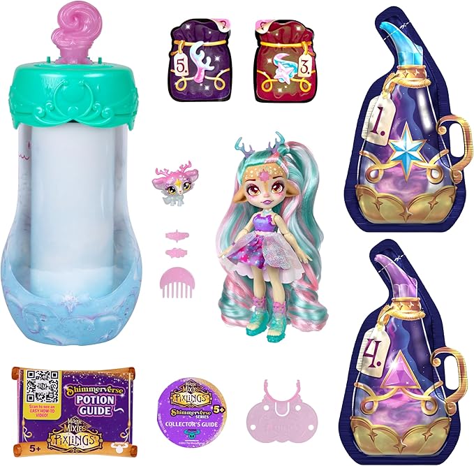 Magic Mixies Pixlings Deluxe Pack, Deerlee The Deer, Shimmer Reveal, Create & Mix Potion That Magically Reveals 6.5" Pixling Doll Inside Potion Bottle - Exclusive Mini Mixies & 6 Hair Accessories